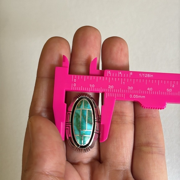 Navajo Handmade vintage Silver and Turquoise Inlay Ring size 9 - Picture 14 of 14